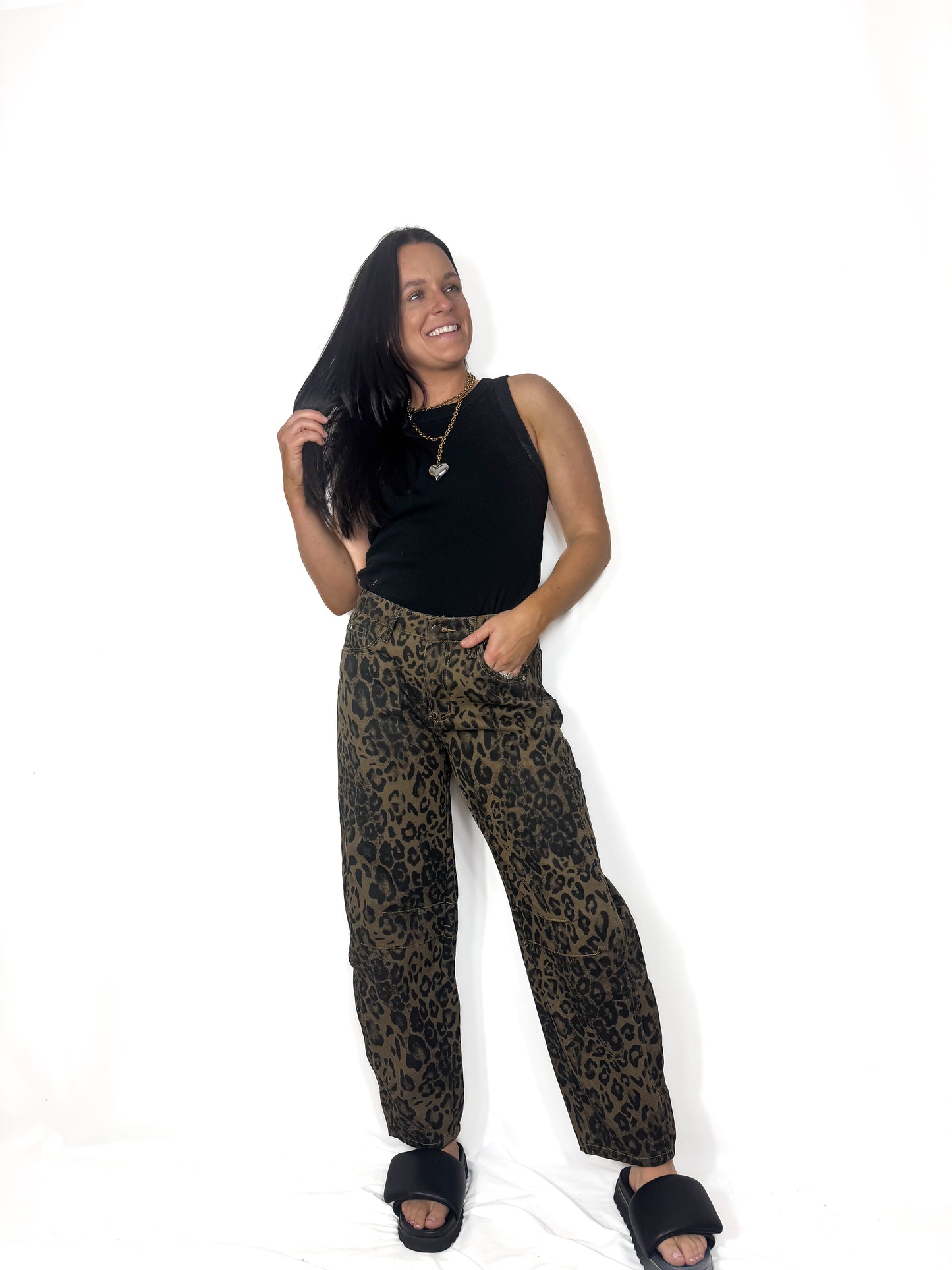 Leopard Print Loose Midi Waist Wide Leg Jeans
