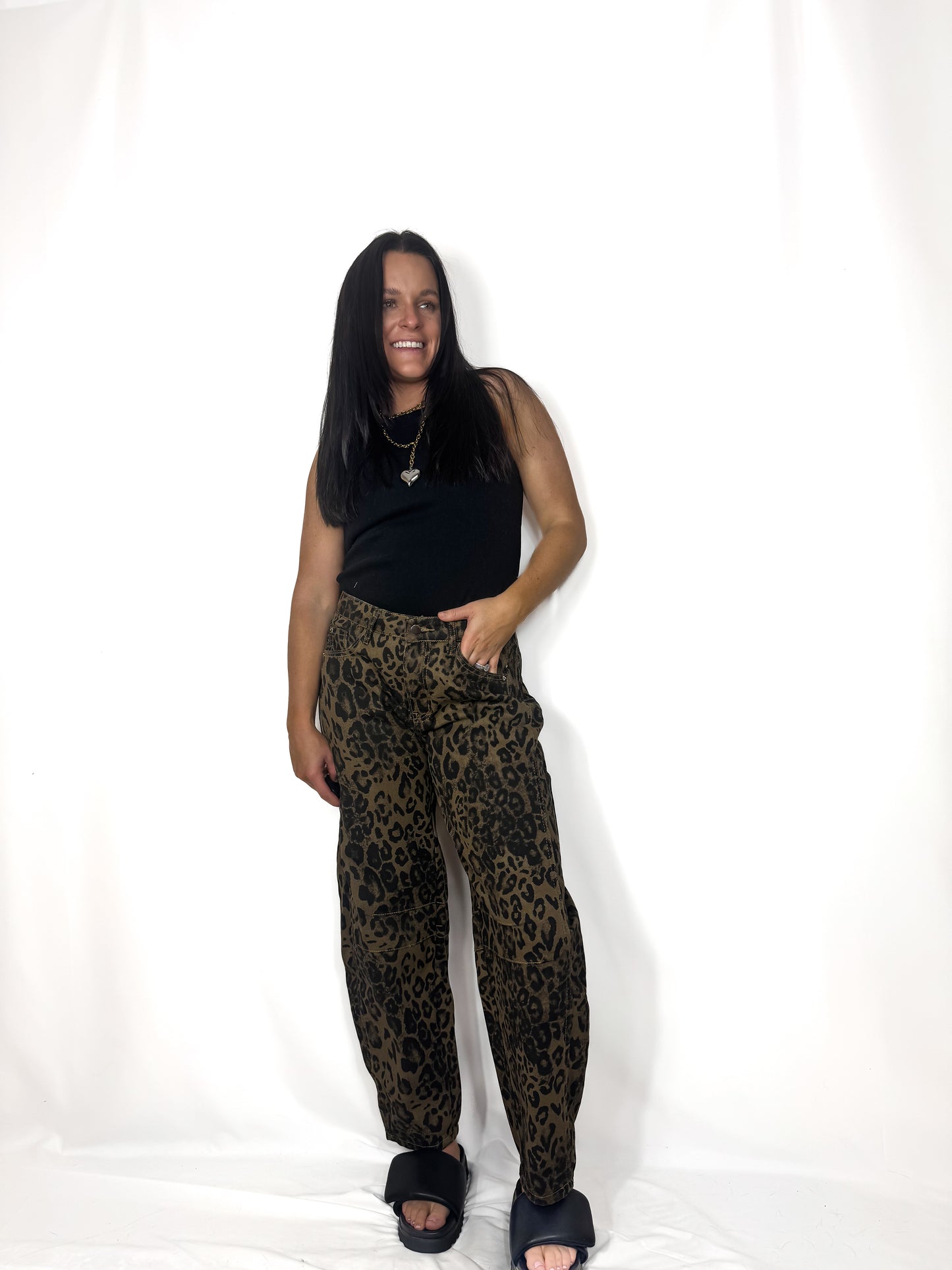 Leopard Print Loose Midi Waist Wide Leg Jeans