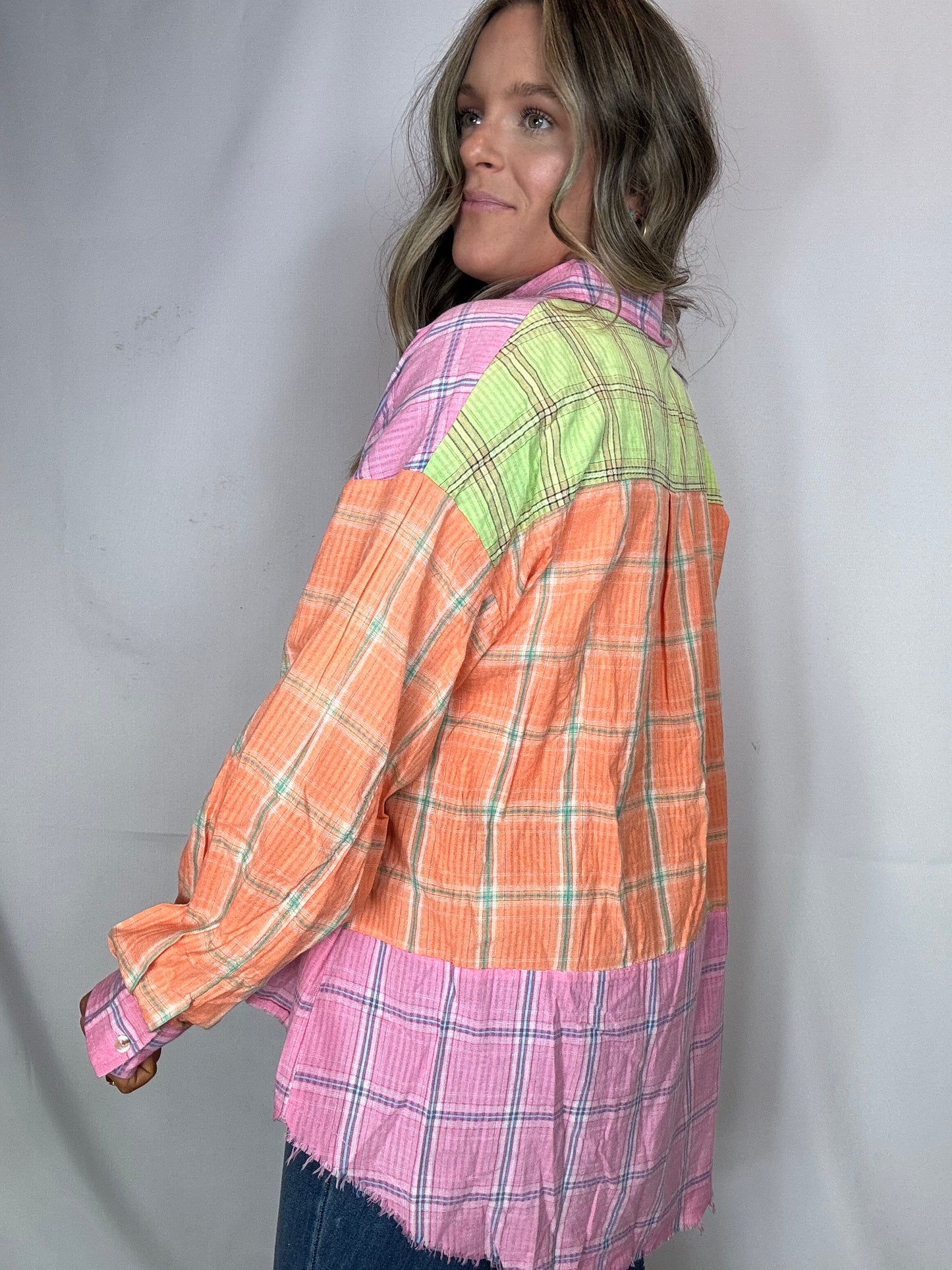 Bleached Washed Check Plaid Shirt