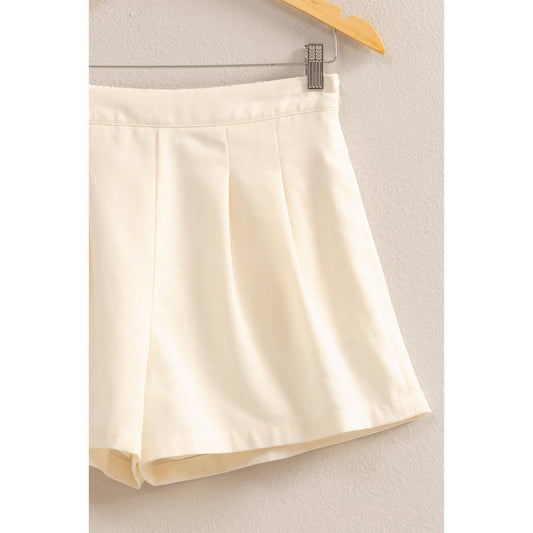Pleated High Waist Shorts-Cream